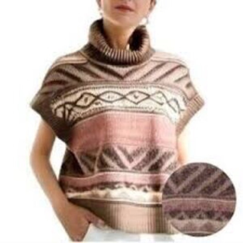 Design History brown pink tribal print turtleneck short sleeve vest sweater L